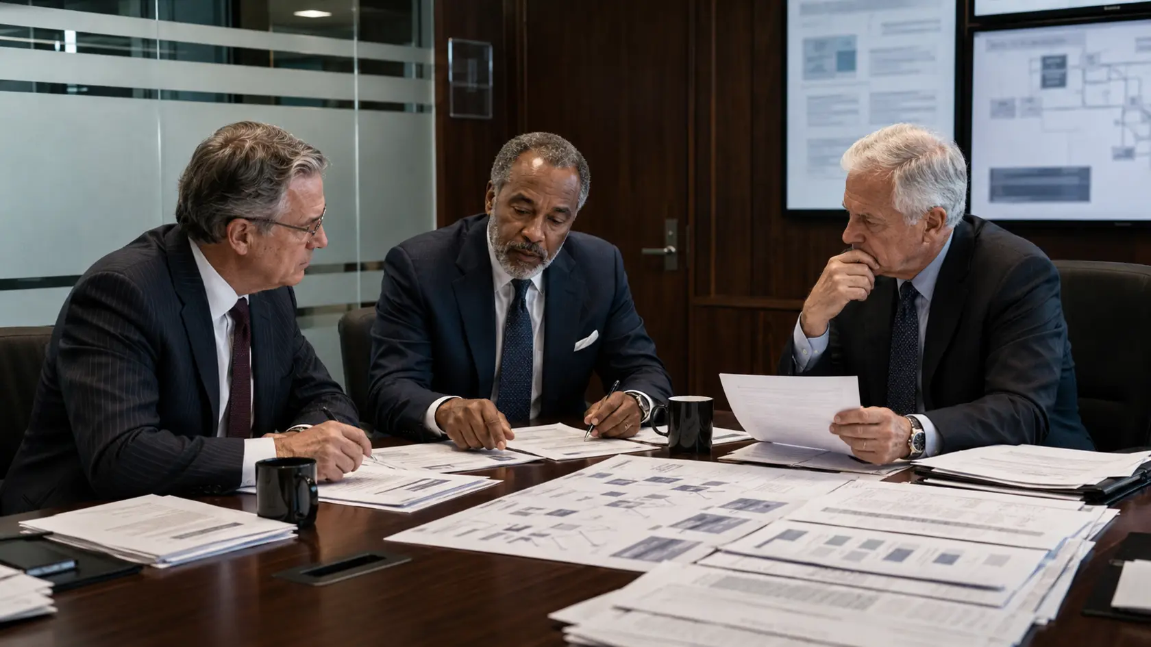 Senior lawyers reviewing financial evidence